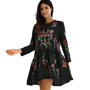 Black Embroidered Floral Tunic Dress